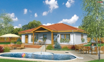 Casa unifamiliar de una sola planta. Se puede omitir el garaje. Adecuada para una parcela ancha o estrecha.